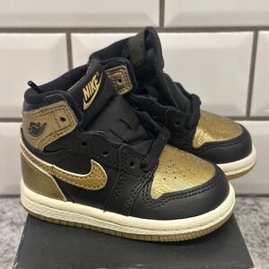 Toddler Air Jordan 1 Retro‎ High OG TD Black Metallic Gold Basketball Shoes 4C